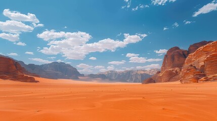 b'A vast expanse of red sand dunes in the desert under a blue sky with white clouds'