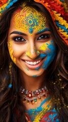 b'Portrait of a young Indian woman with colorful powder on her face'