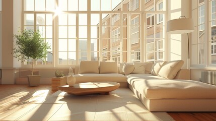 Light-filled modern living room with trendy furniture, a cozy ivory-colored sofa set against a backdrop of large, sunlit windows