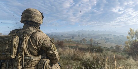 Soldier looking at a valley from a hilltop - obrazy, fototapety, plakaty