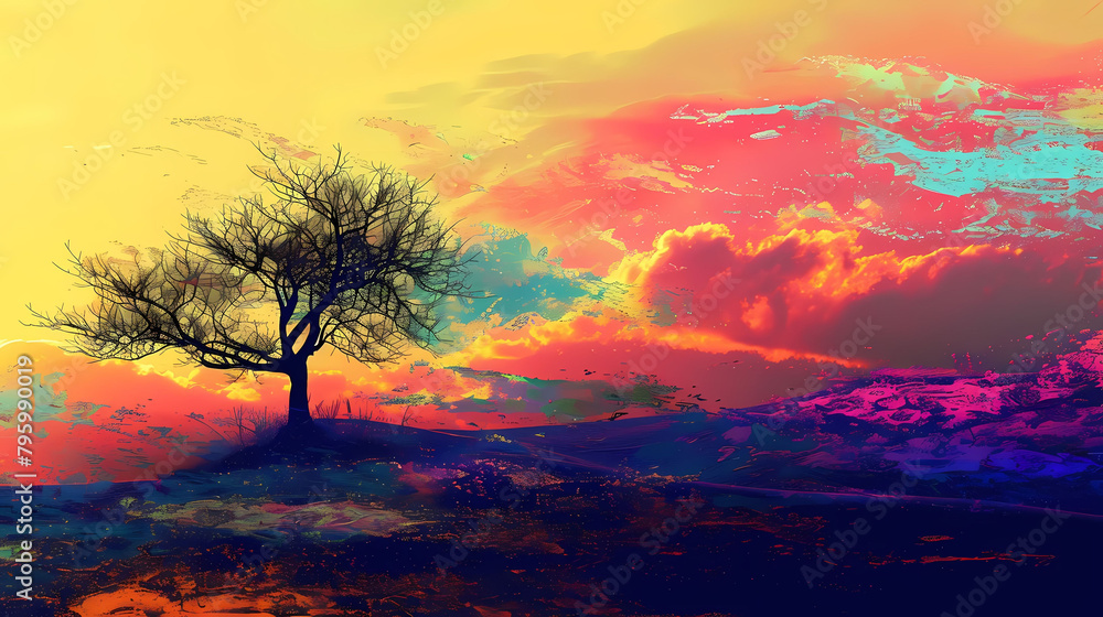 Poster artistic expression of a tree with a brown trunk in the foreground