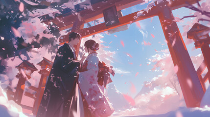 The two anime characters are on a date, standing near a cherry blossom tree. illustration style background
