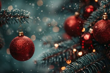 b'Red Christmas ornaments hanging on a fir tree with blurred lights in the background'
