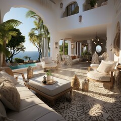 b'Modern villa living room with ocean view'