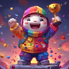 Fototapeta premium Cheerful Cartoon Character Celebrates Trophy Win with Vibrant Gradient Backdrop