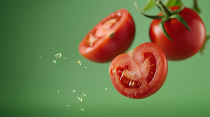 tomato cut in half isolated on green background, fresh ripe tomato in the air floating