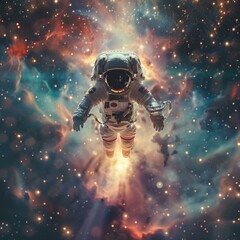 b'Astronaut in spacesuit floating in the vastness of space'