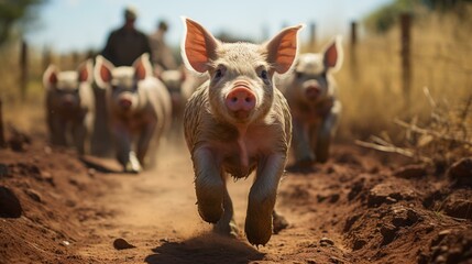 b'A group of happy pigs running on a dirt road'