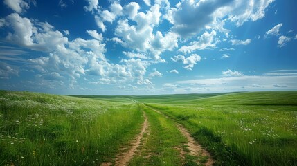 b'The dirt road in the middle of the prairie is surrounded by green grass and white flowers under the blue sky and white clouds'