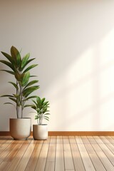 b'Two pot plants in front of a beige wall'