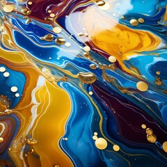 b'Golden Bubbles Floating on Blue and Yellow Paint'