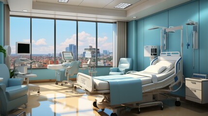 b'A modern hospital room with a large window and a view of the city'