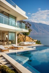 Fototapeta na wymiar b'Modern lakeside villa with infinity pool and stunning mountain views'