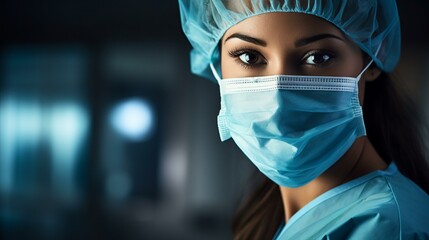 Fototapeta na wymiar b'Portrait of a young female surgeon wearing a surgical mask and cap'
