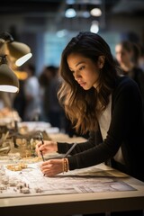 Fototapeta premium b'Asian woman working on a project with a blueprint'