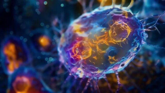 An illuminated image of a euglenoid cell showcasing its complex internal structures. The nucleus mitochondria and other organelles . AI generation.