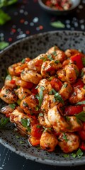 b'Spicy Chicken Skewers with Roasted Red Peppers and Onions'