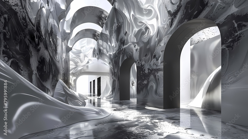 Poster artistic rendering of a building featuring a shiny floor