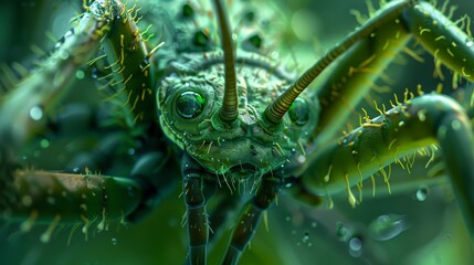 Illustration of Lurking Insectoid Parasite with Droplets. Generative AI.