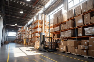 b'A large warehouse with a forklift and many shelves of boxes'