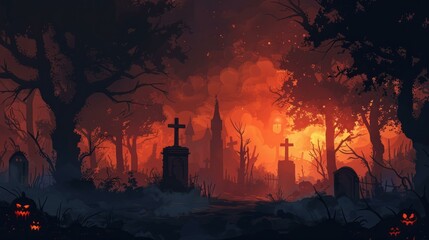 b'Spooky Graveyard with Pumpkins at Night' - obrazy, fototapety, plakaty