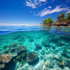 b'Half Underwater Split View of Tropical Beach and Coral Reef'