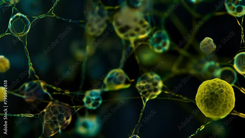Poster against a black background a highpowered microscope captures the intricate weblike structure of plas