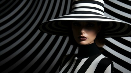 b'Black and white portrait of a woman wearing a large striped hat'