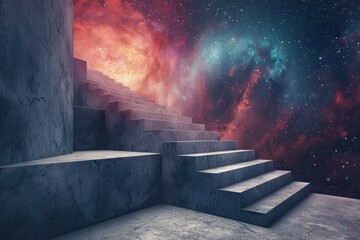 b'Stone stairs lead up into a colorful nebula'