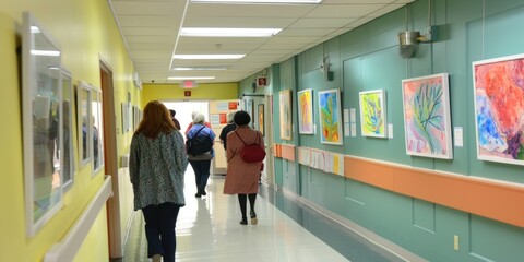 An art exhibit in a hospital corridor, featuring works created by patients, staff, and local artists, enriching the environment 