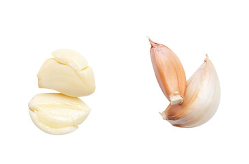 Top view set of peeled and unpeeled pounded garlic cloves in stack isolated on white background...