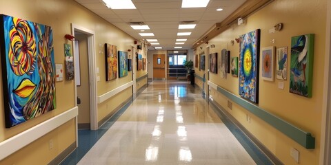 An art exhibit in a hospital corridor, featuring works created by patients, staff, and local artists, enriching the environment and fostering community connections.