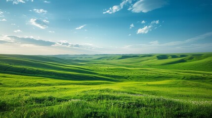 b'Green rolling hills under blue sky with clouds'