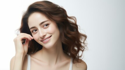 b'Portrait of a beautiful young woman with brown hair and brown eyes smiling'