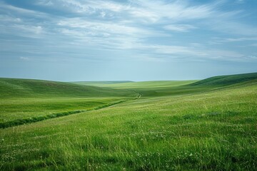 Fototapeta na wymiar b'Vast green rolling hills under a blue sky with white clouds'