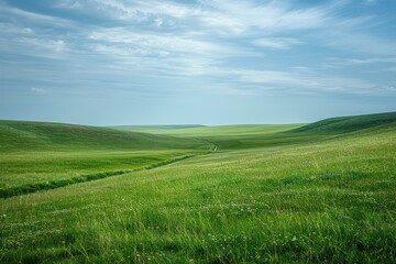 Fototapeta premium b'Vast green rolling hills under a blue sky with white clouds'