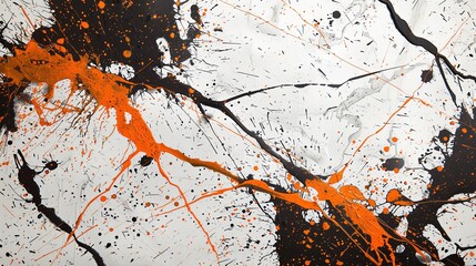 Abstract composition featuring stark black lines and splatters with vivid orange highlights creating a striking contrast on a white canvas.