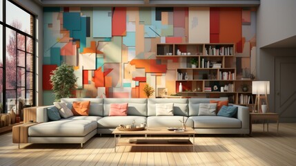 b'A modern living room with a colorful wall mural'