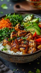 b'delicious healthy food bowl with rice, tofu, vegetables and avocado'