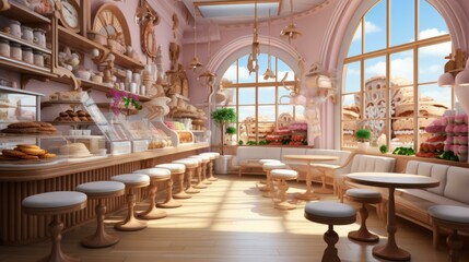 b'Pink European-style coffee shop interior with large windows' - obrazy, fototapety, plakaty