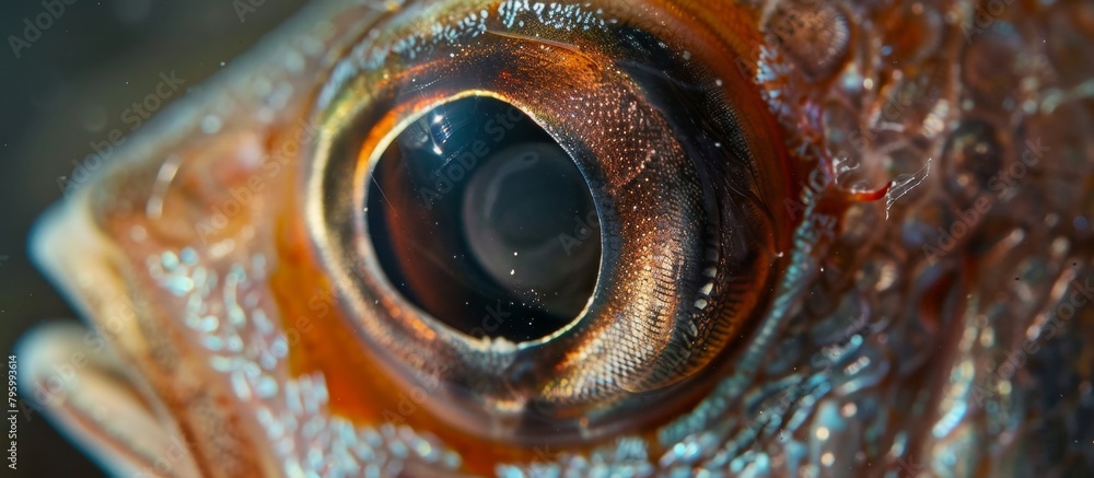 Poster the detailed view of a fish's eye is captured with a soft, out-of-focus background, showcasing the i