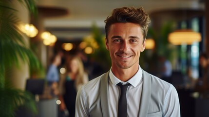 Fototapeta premium b'Portrait of a young businessman smiling in a hotel lobby'