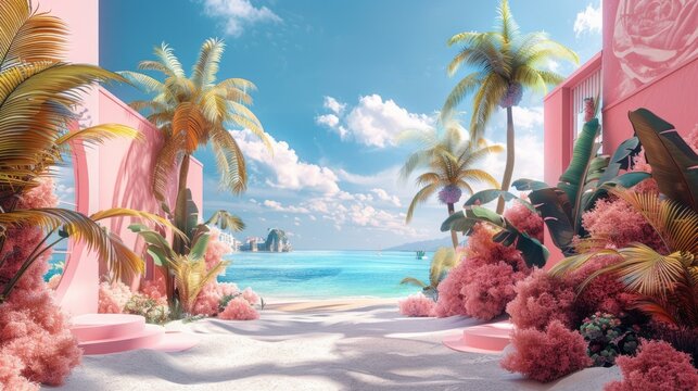b'Pink paradise beach with palm trees and blue ocean'