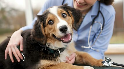 Happy dog getting checked by veterinarian