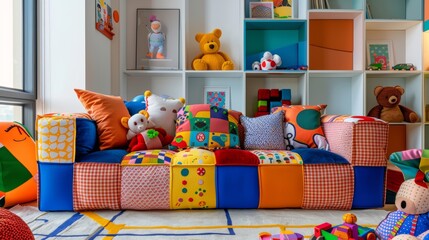 Quirky children's playroom featuring a multi-colored sofa with fun patterns, plush toys scattered around, joyous and lively
