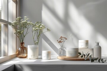 b'Natural skincare products on a wooden table near a window'