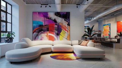 Sculpture-like sofa with fluid lines and neon accents, set against abstract paintings in a modern art studio, high ceilings - obrazy, fototapety, plakaty