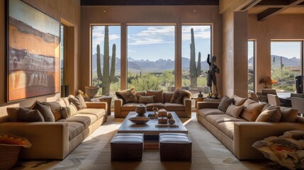 Serene living room in shades of brown, integrating elements of desert life, open window views, and a mix of modern and traditional furniture - obrazy, fototapety, plakaty