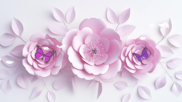 pale pink flowers on white background in paper cut style illustration. seamless looping overlay 4k virtual video animation background