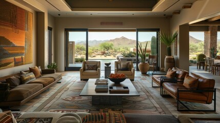 Serene living room in shades of brown, integrating elements of desert life, open window views, and a mix of modern and traditional furniture - obrazy, fototapety, plakaty